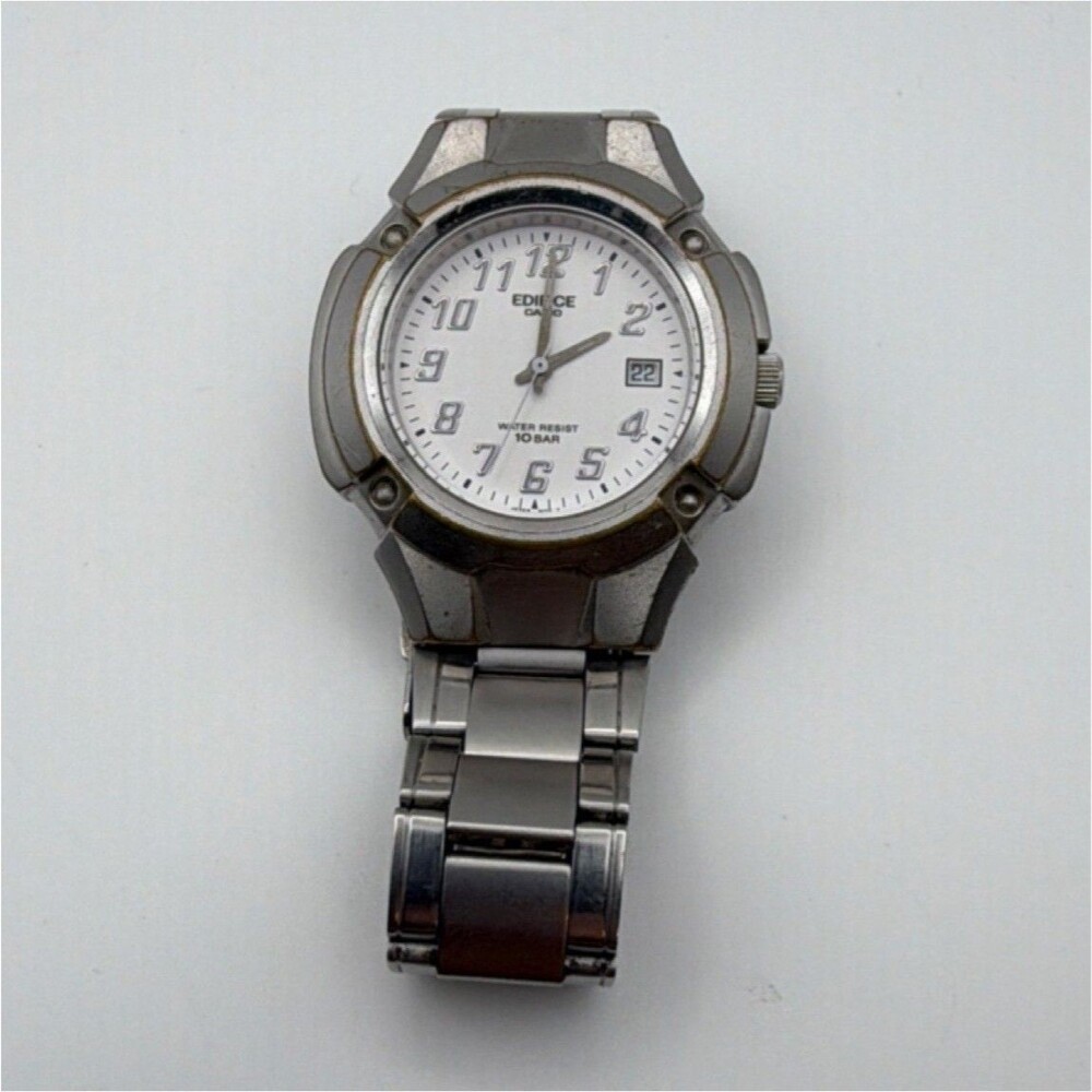 Vintage Casio Edifice Quartz Mens Wristwatch White Dial Stainless Steel Bracelet